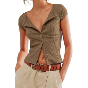 ZDC Women's Button Down Shirts Casual Short Sleeve Summer Slim Fit Blouses Cute Tops