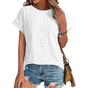 Dokotoo Women's Tops Dressy Casual Crew Neck Short Sleeve Hollow Out Lace Embroidered Blouses Shirts