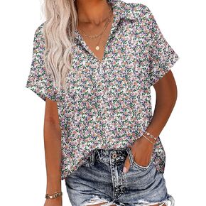 HOTOUCH Linen Button Down Shirt Women Short Sleeve Cotton Blouses V Neck Collared Summer Beach Tops S-2XL