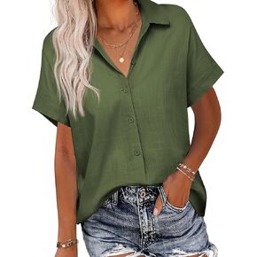 HOTOUCH Linen Button Down Shirt Women Short Sleeve Cotton Blouses V Neck Collared Summer Beach Tops S-2XL