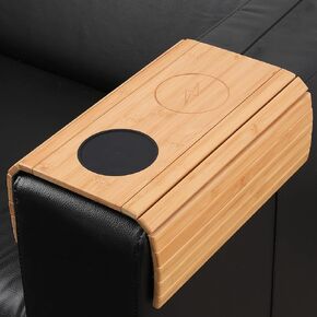 [PJ Collection] Bamboo Sofa Armrest Tray with Wireless Charging and Non-Slip Coaster, Foldable, 15W Fast Wireless Charger, Sofa Armrest Organizer (with Left Side Pocket)