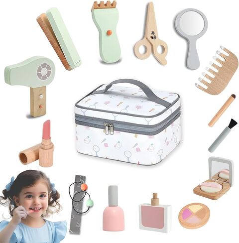 Wooden Makeup Toy Set, [2024] Wooden Makeup Kit for Girls, 2-in-1 Pretend Wood Beauty Hair Salon & Makeup, 16-Piece Non-Toxic & Safe Pretend Play, Birthday Gifts for Toddler 3 4 5 6 Years Old in Saudi Arabia