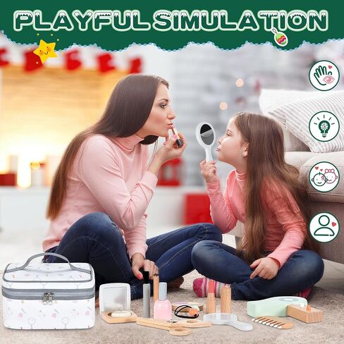 Wooden Makeup Toy Set, [2024] Wooden Makeup Kit for Girls, 2-in-1 Pretend Wood Beauty Hair Salon & Makeup, 16-Piece Non-Toxic & Safe Pretend Play, Birthday Gifts for Toddler 3 4 5 6 Years Old in Saudi Arabia