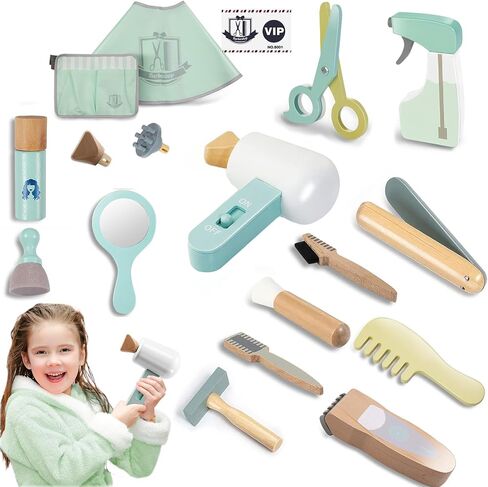 Wooden Makeup Toy Set, [2024] Wooden Makeup Kit for Girls, 2-in-1 Pretend Wood Beauty Hair Salon & Makeup, 16-Piece Non-Toxic & Safe Pretend Play, Birthday Gifts for Toddler 3 4 5 6 Years Old in Saudi Arabia