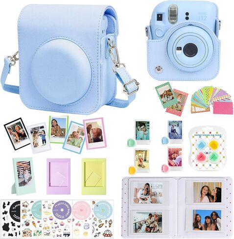 تتضمن ملحقات CAIYOULE لحزمة الكاميرا الفورية Fujifilm Instax Mini 12 حافظة Instax 12 من جلد البولي يوريثان + ألبوم صور صغير وإطارات + ملصقات DIY + فلتر ألوان - فضي لامع in Saudi Arabia