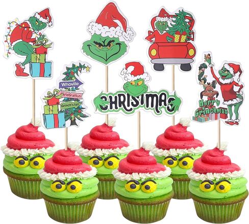 36 Pack Grinch Cupcake Toppers Merry Christmas Cupcake Picks Grinch Christmas Gifts Birthday Baby Shower Christmas Party Cake Decorations Supplies in Kuwait