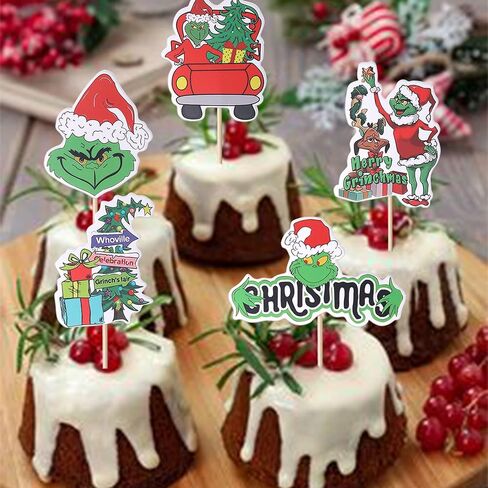 36 Pack Grinch Cupcake Toppers Merry Christmas Cupcake Picks Grinch Christmas Gifts Birthday Baby Shower Christmas Party Cake Decorations Supplies in Kuwait