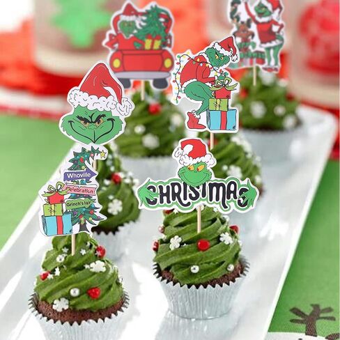 36 Pack Grinch Cupcake Toppers Merry Christmas Cupcake Picks Grinch Christmas Gifts Birthday Baby Shower Christmas Party Cake Decorations Supplies in Kuwait