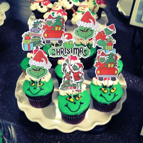 36 Pack Grinch Cupcake Toppers Merry Christmas Cupcake Picks Grinch Christmas Gifts Birthday Baby Shower Christmas Party Cake Decorations Supplies in Kuwait