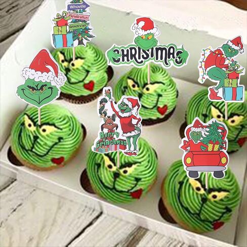 36 Pack Grinch Cupcake Toppers Merry Christmas Cupcake Picks Grinch Christmas Gifts Birthday Baby Shower Christmas Party Cake Decorations Supplies in Kuwait