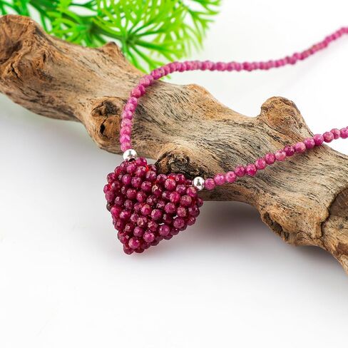 Natural Ruby Gemstone Choker Necklace, Handmade Woven Jewelry, Beaded Crochet Heart Jewelry, Healing Crystals, Sliver Adjustable Chain, July Birthstone, Gift for Women, 18inch in Saudi Arabia