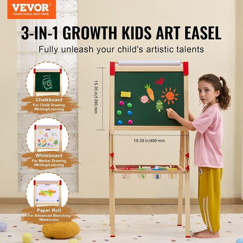VEVOR Art Easel for Kids, 3-in-1 Wooden Double-Sided Kid's Art Easel with Magnetic Whiteboard, Chalkboard & Paper Roll, Adjustable Standing Drawing Board with Painting Accessories for Boys and Girls in Saudi Arabia