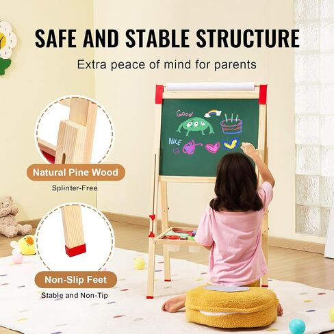 VEVOR Art Easel for Kids, 3-in-1 Wooden Double-Sided Kid's Art Easel with Magnetic Whiteboard, Chalkboard & Paper Roll, Adjustable Standing Drawing Board with Painting Accessories for Boys and Girls in Saudi Arabia