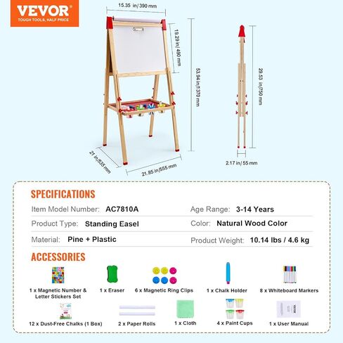 VEVOR Art Easel for Kids, 3-in-1 Wooden Double-Sided Kid's Art Easel with Magnetic Whiteboard, Chalkboard & Paper Roll, Adjustable Standing Drawing Board with Painting Accessories for Boys and Girls in Saudi Arabia