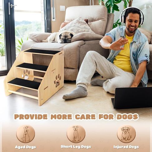 سلالم الكلاب، منحدر خشبي ثلاثي الخطوات للكلاب الصغيرة والمتوسطة والقطط الأكبر سنًا، سلم خطوة للحيوانات الأليفة من أساسيات الجرو لسيارة الأريكة ذات السرير المرتفع in Kuwait