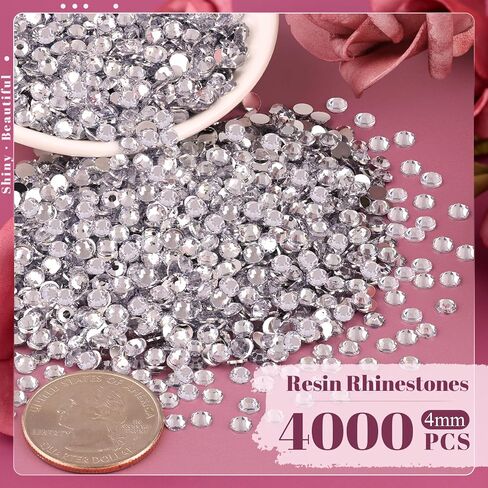 4000PCS 4mm Resin Rhinestones in Bulk (Clear), Bedazzling Flatback Crystals for Crafts DIY Nail Decoration, Gems Charms for Tumbler Shoes Clothing Fabric with Pickup Pen and Tweezers in Kuwait