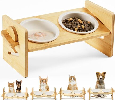Cat Food Bowl Ceramic Elevated Cat Bowls 15° Raised Cat Bowl for Indoor Cats & Small Dogs Natural Bamboo Whisker Fatigue Cat Bowl, Anti Vomitting Cat Food and Water Bowl Set, Dishwasher Safe in Saudi Arabia