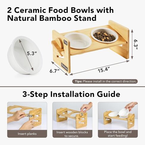 Cat Food Bowl Ceramic Elevated Cat Bowls 15° Raised Cat Bowl for Indoor Cats & Small Dogs Natural Bamboo Whisker Fatigue Cat Bowl, Anti Vomitting Cat Food and Water Bowl Set, Dishwasher Safe in Saudi Arabia