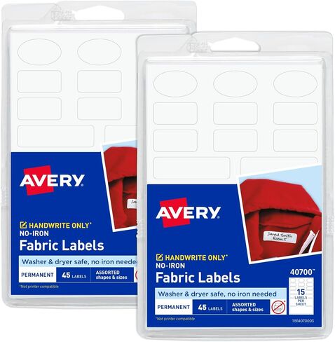 Avery No-Iron Fabric Labels, Assorted Shapes and Sizes, Washer and Dryer-Safe Waterproof Labels, Non-Printable, 45 Blank Labels Total (40700) in Saudi Arabia