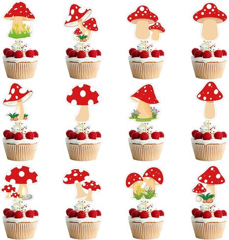 24PCS نباتات الغابة الفطر كب كيك القبعات العالية الفطر الأحمر موضوع كعكة توبر عيد ميلاد سعيد كعكة القبعات العالية الزينة للفتيات الفتيان الطفل دش لوازم الديكور in Saudi Arabia