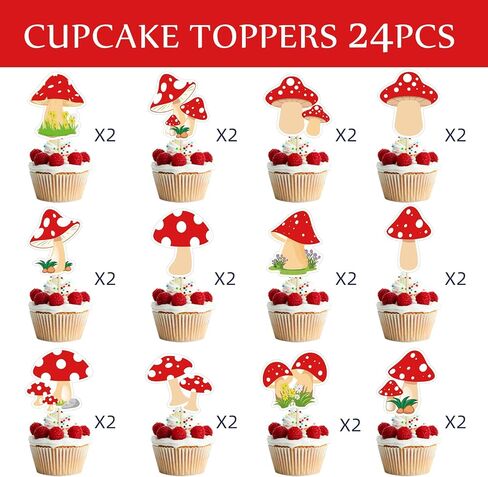 24PCS نباتات الغابة الفطر كب كيك القبعات العالية الفطر الأحمر موضوع كعكة توبر عيد ميلاد سعيد كعكة القبعات العالية الزينة للفتيات الفتيان الطفل دش لوازم الديكور in Saudi Arabia