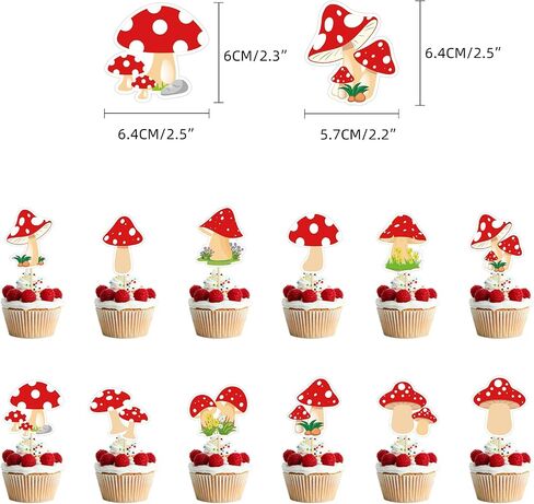 24PCS نباتات الغابة الفطر كب كيك القبعات العالية الفطر الأحمر موضوع كعكة توبر عيد ميلاد سعيد كعكة القبعات العالية الزينة للفتيات الفتيان الطفل دش لوازم الديكور in Saudi Arabia