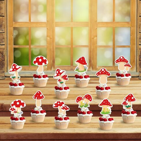 24PCS نباتات الغابة الفطر كب كيك القبعات العالية الفطر الأحمر موضوع كعكة توبر عيد ميلاد سعيد كعكة القبعات العالية الزينة للفتيات الفتيان الطفل دش لوازم الديكور in Saudi Arabia