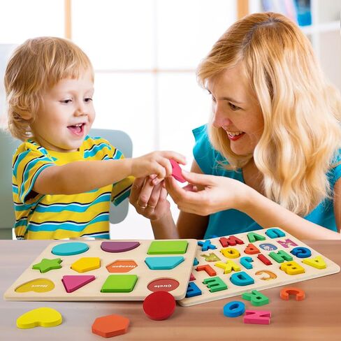 Attmu Wooden Puzzles for Toddlers, 2 Pcs Alphabet ABC Shape Number Puzzle in Saudi Arabia