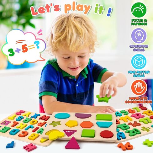 Attmu Wooden Puzzles for Toddlers, 2 Pcs Alphabet ABC Shape Number Puzzle in Saudi Arabia