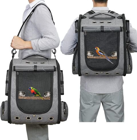 Bird Carrier Backpack Travel Parrot Bag Cage with Perch Stand for Parakeets Cockatiels Birdcage Vet Car Airlines Airplane Plane Approved Mesh Breathable Lightweight Conure Finches Outside (Grey) in Saudi Arabia