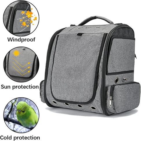 Bird Carrier Backpack Travel Parrot Bag Cage with Perch Stand for Parakeets Cockatiels Birdcage Vet Car Airlines Airplane Plane Approved Mesh Breathable Lightweight Conure Finches Outside (Grey) in Saudi Arabia
