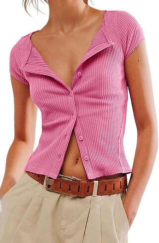 ZDC Women's Button Down Shirts Casual Short Sleeve Summer Slim Fit Blouses Cute Tops in Saudi Arabia