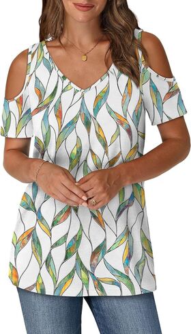 OFEEFAN Womens Tops Cold Shoulder Short Sleeve V Neck Tee Shirts Summer Spring Dressy Casual Plain/Printed in Saudi Arabia
