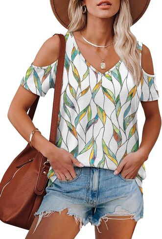 OFEEFAN Womens Tops Cold Shoulder Short Sleeve V Neck Tee Shirts Summer Spring Dressy Casual Plain/Printed in Saudi Arabia