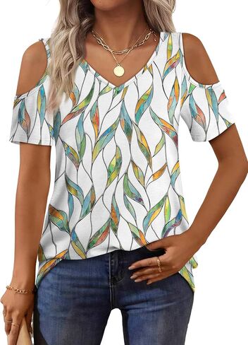 OFEEFAN Womens Tops Cold Shoulder Short Sleeve V Neck Tee Shirts Summer Spring Dressy Casual Plain/Printed in Saudi Arabia