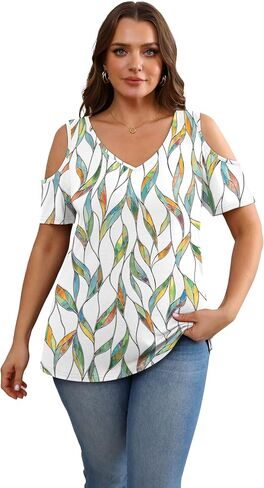 OFEEFAN Womens Tops Cold Shoulder Short Sleeve V Neck Tee Shirts Summer Spring Dressy Casual Plain/Printed in Saudi Arabia
