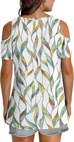 OFEEFAN Womens Tops Cold Shoulder Short Sleeve V Neck Tee Shirts Summer Spring Dressy Casual Plain/Printed in Saudi Arabia