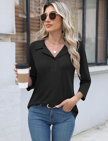 LUYAA Womens Polo Shirts 3/4 Length Sleeve Tops Collar V Neck Business Casual Blouses in Saudi Arabia