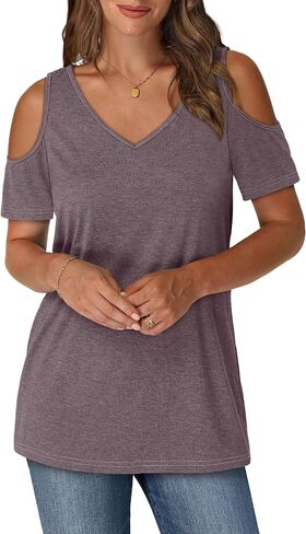 OFEEFAN Womens Tops Cold Shoulder Short Sleeve V Neck Tee Shirts Summer Spring Dressy Casual Plain/Printed in Saudi Arabia