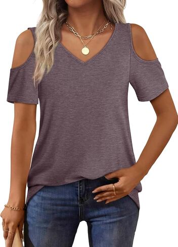 OFEEFAN Womens Tops Cold Shoulder Short Sleeve V Neck Tee Shirts Summer Spring Dressy Casual Plain/Printed in Saudi Arabia