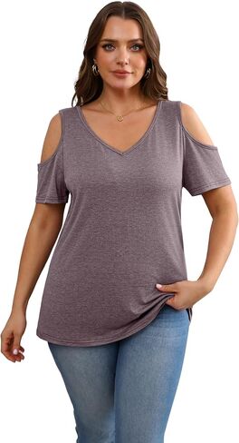 OFEEFAN Womens Tops Cold Shoulder Short Sleeve V Neck Tee Shirts Summer Spring Dressy Casual Plain/Printed in Saudi Arabia