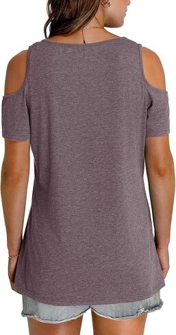 OFEEFAN Womens Tops Cold Shoulder Short Sleeve V Neck Tee Shirts Summer Spring Dressy Casual Plain/Printed in Saudi Arabia