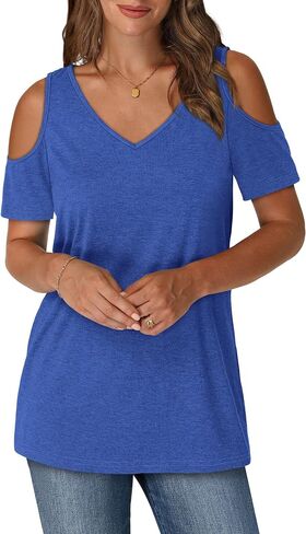 OFEEFAN Womens Tops Cold Shoulder Short Sleeve V Neck Tee Shirts Summer Spring Dressy Casual Plain/Printed in Saudi Arabia