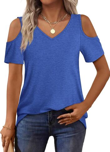 OFEEFAN Womens Tops Cold Shoulder Short Sleeve V Neck Tee Shirts Summer Spring Dressy Casual Plain/Printed in Saudi Arabia