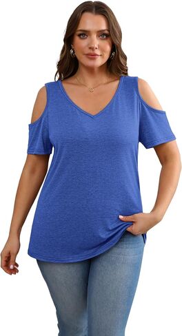 OFEEFAN Womens Tops Cold Shoulder Short Sleeve V Neck Tee Shirts Summer Spring Dressy Casual Plain/Printed in Saudi Arabia