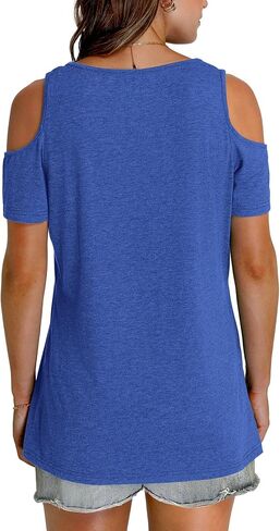 OFEEFAN Womens Tops Cold Shoulder Short Sleeve V Neck Tee Shirts Summer Spring Dressy Casual Plain/Printed in Saudi Arabia