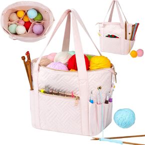 Crochet Bag Organizer for Yarn Storage, Velvet Knitting Tote Bag with Double Handle for Crochet Accessories, Portable Travel Case for Yarn Balls, Crochet Hooks& Knitting Needles Holder (Pink)