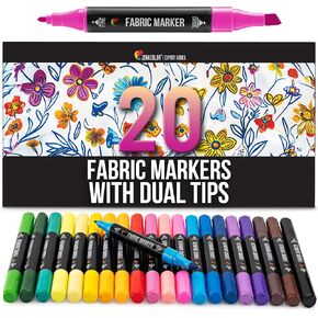 Zenacolor 20 Fabric Markers with Dual Tips - Vibrant Colors Fabric Markers Permanent for Clothes - Fine and Chisel Point Fabric Paint Markers