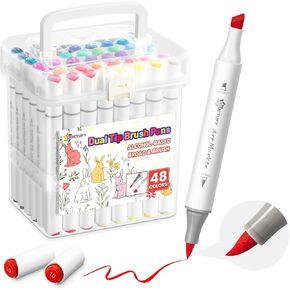 Simetufy 48 Colors Alcohol Markers Brush Tip, Coloring Markers for Adult Coloring Books, Dual Tip Alcohol Markers Brush Tip and Chisel Tip for Coloring, Drawing
