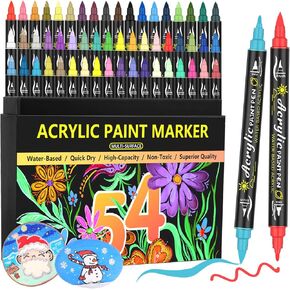 54 Colors Acrylic Paint Pens Paint Markers Set,Dual Tip Paint Markers With Fine Tip and Brush Tip,Premium Paint Pens for Stone,Canvas,Rock Painting,DIY Craft Art Supplies,Glass